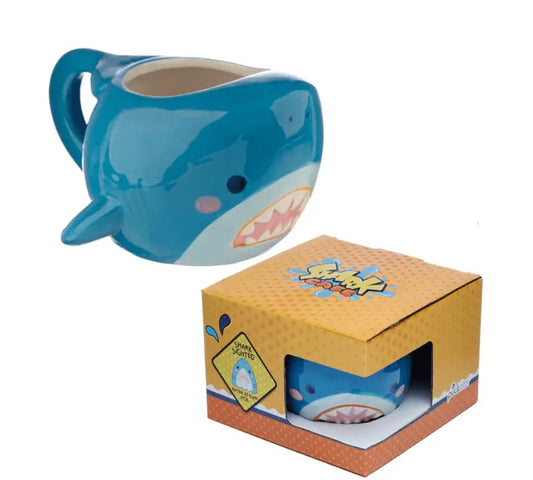 3D ceramic mug with blue shark head shape featuring detailed teeth and fins, ideal for shark lovers and unique kitchenware collections.