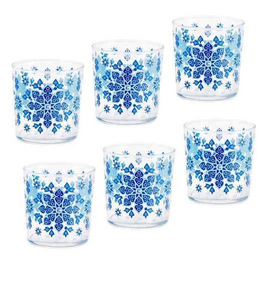 Set of 6 Small Arabesque Glasses 360ml featuring intricate blue geometric patterns, ideal for stylish drinkware in any kitchen or dining setting.