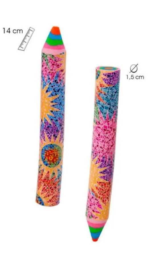 Rubber Erase Pencil Gaudi with vibrant mosaic design, 14 cm long and 1.5 cm diameter. Durable and precise for artistic and student use.