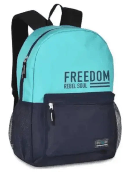 Clio Backpack - Modern Design in teal and navy with 'FREEDOM Rebel Soul' text. Durable and versatile for travel or daily use.