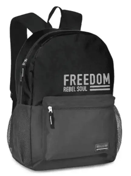 Clio Style Backpack - Clio Backpack in black with 'FREEDOM REBEL SOUL' text, featuring front zip pocket and mesh side compartments. Durable and stylish.