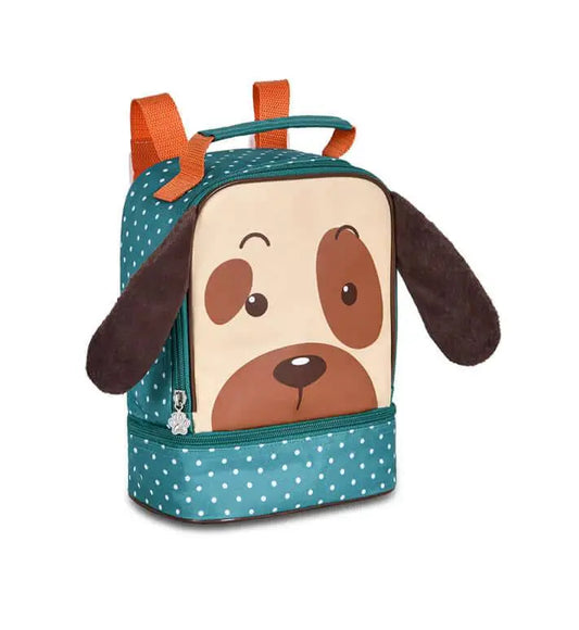 Clio Pets Lunchbox - Pet Food Carrier with dog face design, teal polka dot pattern, and soft ear accents. Durable and portable for pet meals on-the-go.