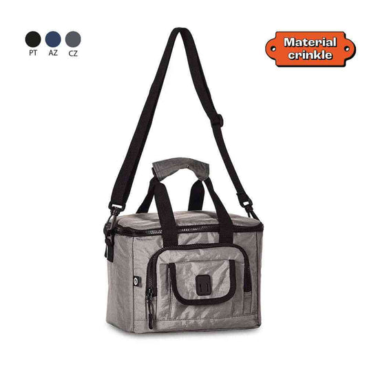 Eco-friendly lunchbox with crinkle material in gray, featuring a leakproof design, front pocket, and adjustable shoulder strap for easy carrying.