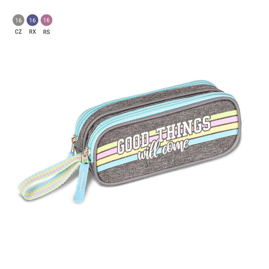 Clio Style Pencil Case - Clio Style | 2 Zip 21x9x8 in gray fabric with pastel stripes and 'Good Things Will Come' text, ideal for school organization.