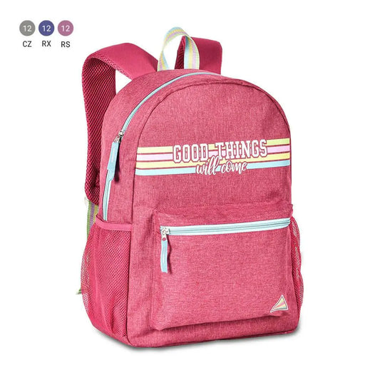 Clío Backpack - Travel Stylish Backpack in pink with 'Good Things Will Come' text, front zip pocket, and side mesh compartments for versatile use.