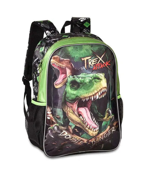T-Rex Attack Backpack with vivid dinosaur print and 'Double Danger' text, ideal for kids who love dinosaurs. Durable and cool T-Rex backpack design.