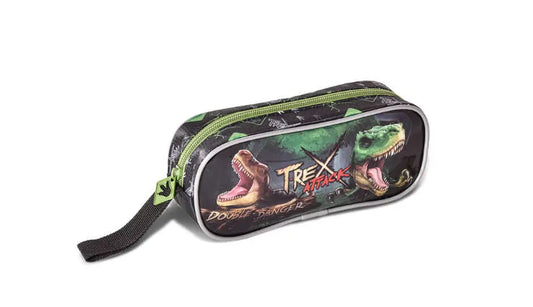 T-Rex Attack Case featuring roaring dinosaur graphics and bold text, ideal for storing pens and pencils with a durable zippered design.