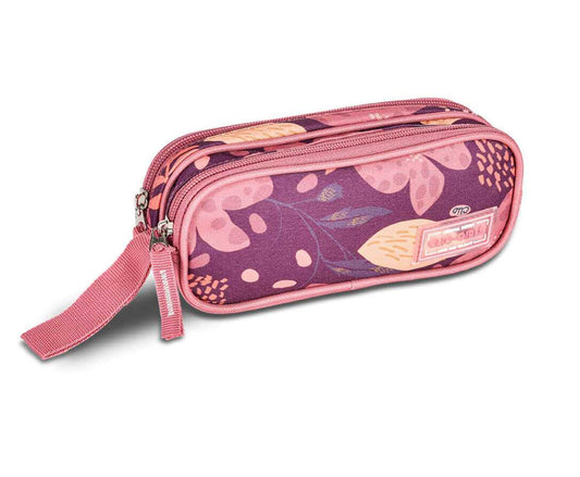 Clio Style Pencil Case in pink and purple floral design with dual zipper compartments. Compact and durable for school or office organization.