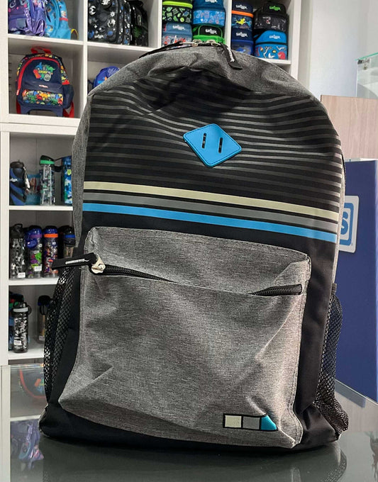 Clio Style Backpack - Sale | Sleek Design, Ample Storage in gray with blue accents, front zip pocket, and mesh side compartments, ideal for school or travel.