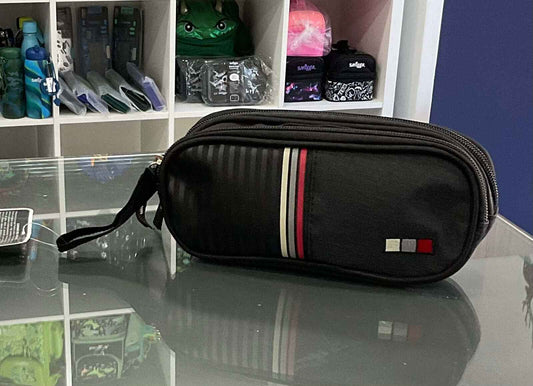 Clio Style Pencil Case - Clio Pencil Case | Durable, Stylish black zippered case with red and white stripe design, ideal for organizing pens and pencils.