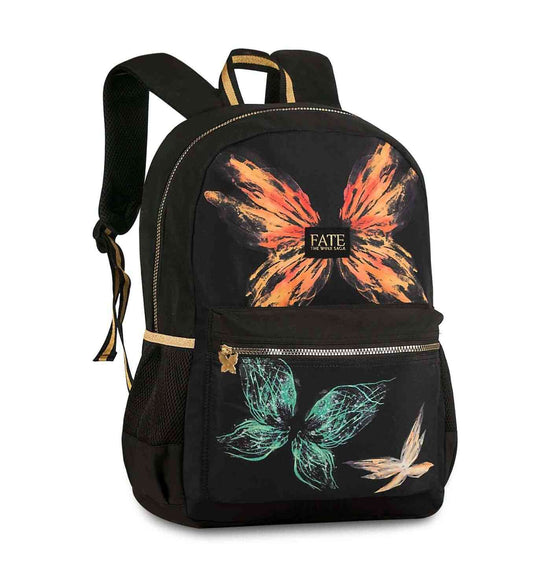 Backpack Fate the Winx Saga featuring vibrant butterfly wing designs and gold zipper accents. Stylish and durable for fans of the Winx Saga series.