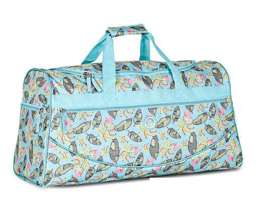 Travel Bag - Durable Travel Bag | Lightweight Design featuring a colorful feather and crab pattern on a light blue duffel bag with multiple zippered compartments.
