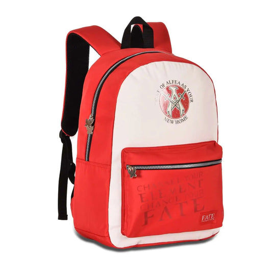 Fate The Winx Saga Backpack in red and white with logo and front zip pocket. Durable and spacious for school or daily fandom use.