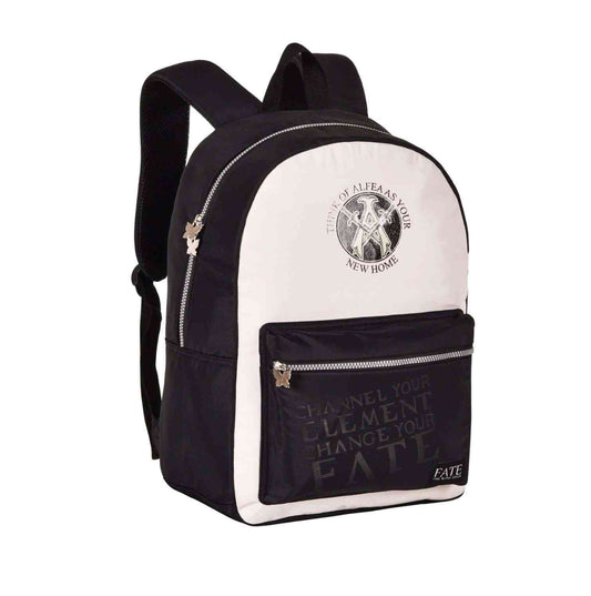 Winx Saga Backpack - BACKPACK FATE with black and white design, front zip pocket, and 'Channel Your Element, Change Your Fate' text. Ideal for fans.