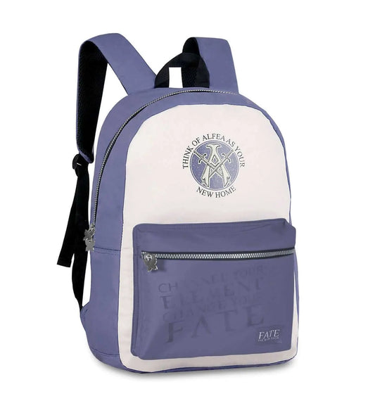 Fate The Winx Saga Backpack in purple and white with front zip pocket and themed graphic. Ideal for school or travel with durable, spacious design.