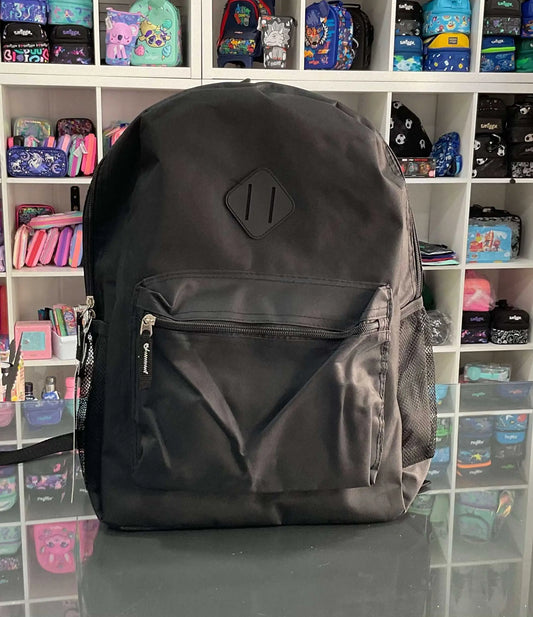 Juvenile Backpack Black 17” for kids with front zip pocket, mesh side pouch, and sleek design. Ideal for school or travel storage and comfort.