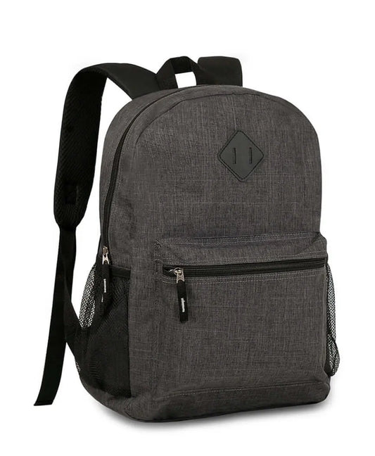 Juvenile Backpack 17” in grey with front zip pocket and mesh side pockets. Ideal kids backpack for school or travel, durable and stylish design.
