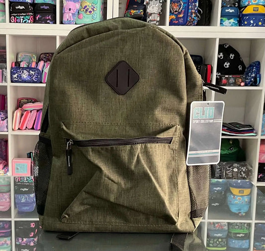 Juvenile Backpack - Kids School Backpack in olive green with front zipper pocket and mesh side pockets. Durable and spacious for school essentials.
