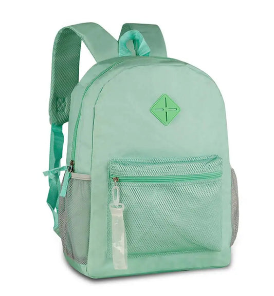 Juvenile Backpack 17” in light green with mesh front pocket and side holders. Lightweight kids' gear ideal for school or travel organization.