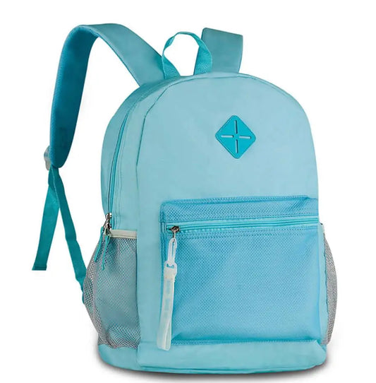 Sky Blue Backpack 17 inch with front mesh pocket and side bottle holders. Durable and ergonomic design ideal for school or travel use.
