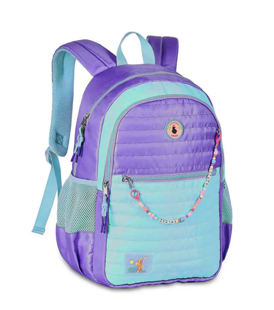 ColorBlock Luluca Backpack in purple and aqua with front zipper, mesh side pockets, and beaded zipper pull. Durable and stylish for daily use.