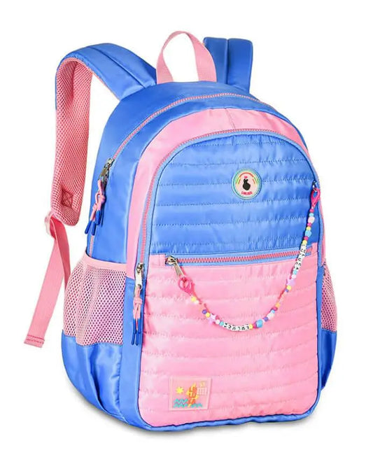 ColorBlock Luluca Backpack in pink and blue with beaded zipper charm. Stylish, lightweight, and durable for school or daily use.