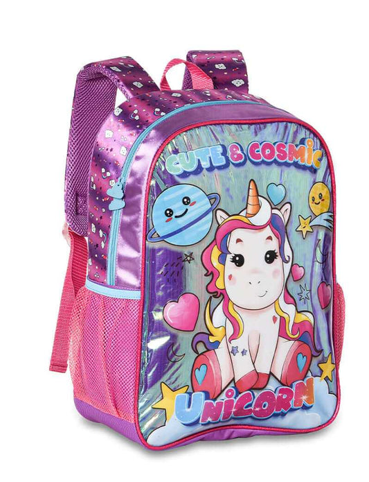 Unicorn Backpack 16” - Unicorn Backpack Kids School with colorful cartoon unicorn, stars, and planets. Fun, vibrant design ideal for school use.