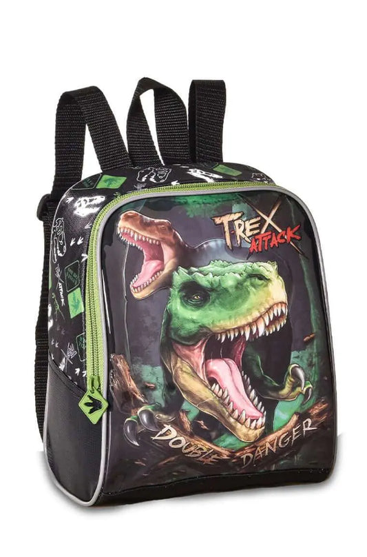 T-REX ATTACK Lunch Box for kids featuring roaring dinosaurs and 'Double Danger' text. Durable, zippered lunch bag ideal for school meals.