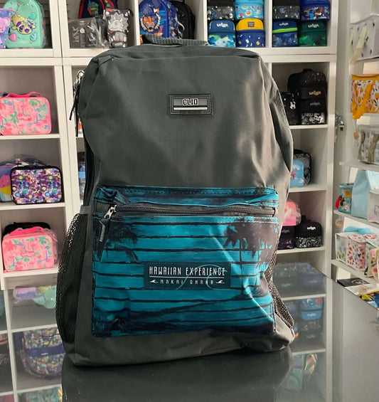 Youth Backpack Clio 17” in dark gray with Hawaiian Experience front pocket design. Lightweight, durable, and ideal for school or travel needs.