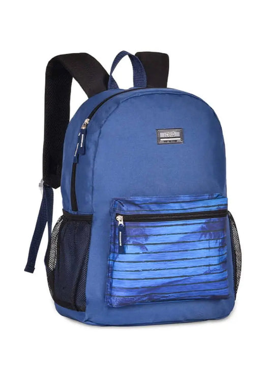 Youth Clio Backpack 17” in blue with front striped pocket and mesh side pockets. Durable and spacious 17 inch backpack for school or travel.