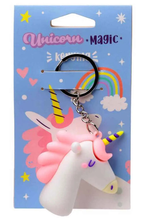 3D PVC Unicorn Keychain with pink mane and yellow horn on a colorful backing card. Fun and durable accessory for bags or keys.