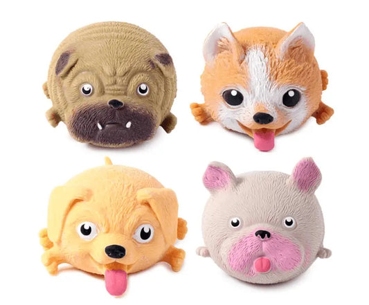 Dog Elastic Squeeze Toy - Fun & Durable Pet Play featuring four squishy dog figures with exaggerated eyes and tongues, ideal for pet entertainment.
