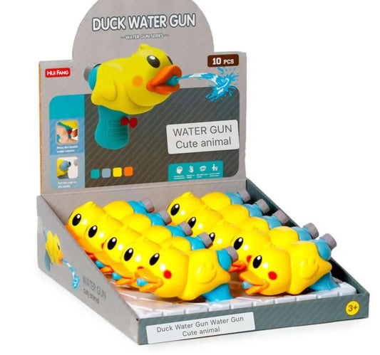 Duck Toy Water Gun in yellow with orange beak, displayed in a retail box of 10. Fun pool play toy safe for kids aged 3 and up.