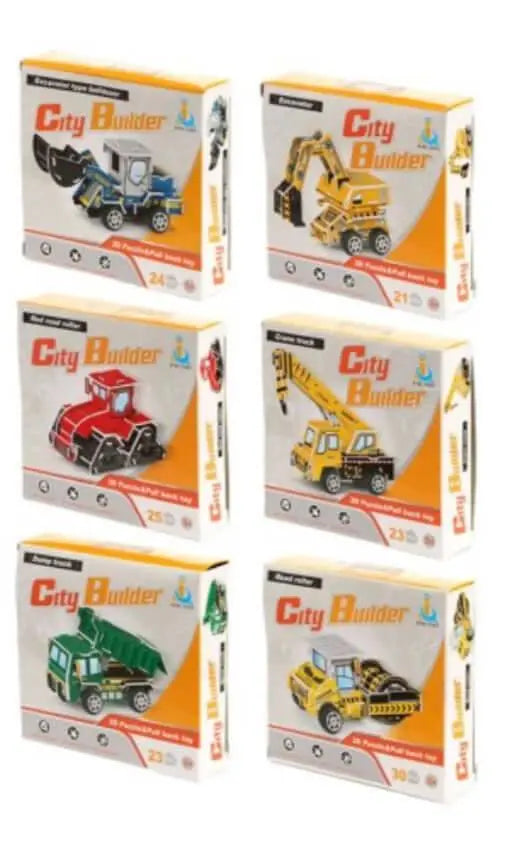 DIY Puzzle Construction Truck Toy set featuring six buildable vehicles with pull back action. Ideal for creative play and motor skill development.