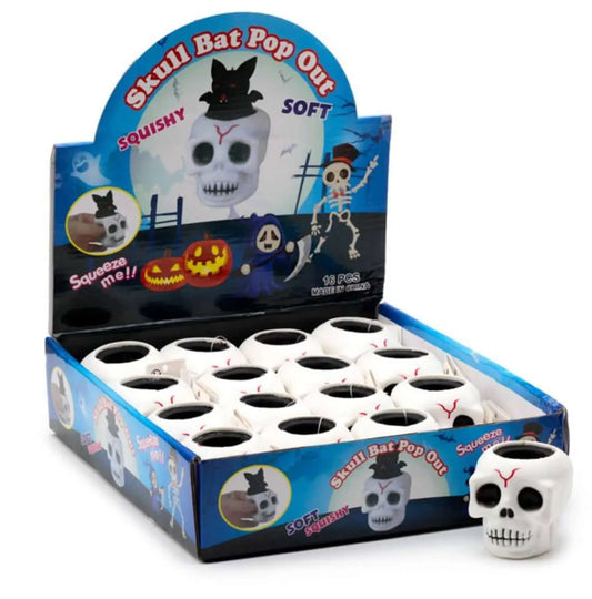 Elastic Skull Bat Toy display box featuring 12 soft, squishy skull toys with pop-out bats. Fun scrunchable play for kids and pets.