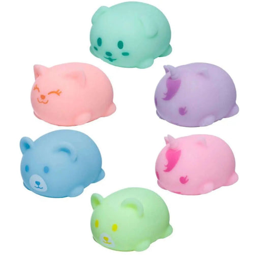 Elastic Glow Toy Cat - Glow in the Dark Fun|Squeezable in assorted pastel colors including pink, green, and purple. Soft, squeezable animal figures ideal for kids.