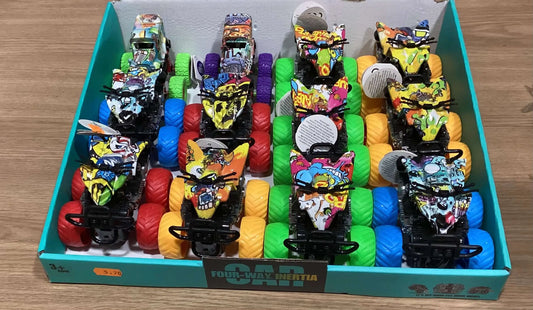 Four Way Inertia - Inertia Device | Compact, Versatile toy cars with colorful wheels and graffiti-style designs in a display box for kids ages 3+.