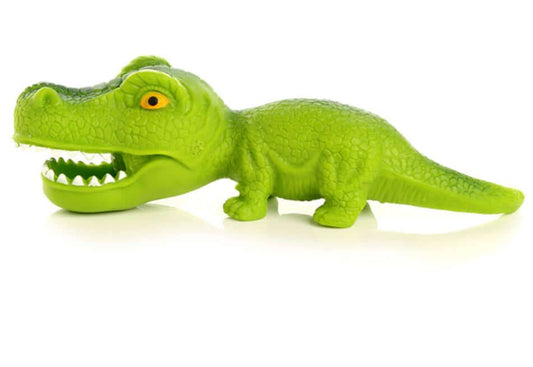 Kids Stretchy Dinosaur Toy - Fun Squeezy in bright green with textured skin and open mouth. Safe, colorful toy for imaginative and stress-relieving play.