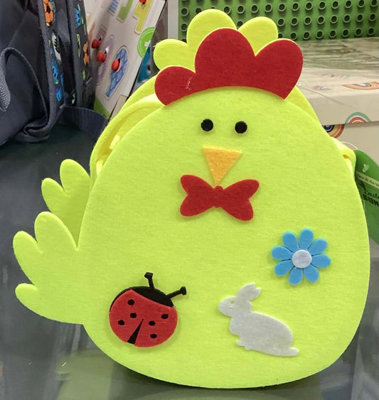 Hen basket storage organizer in bright yellow felt with red comb, bow tie, and decorative felt shapes. Eco-friendly and ideal for home decor.
