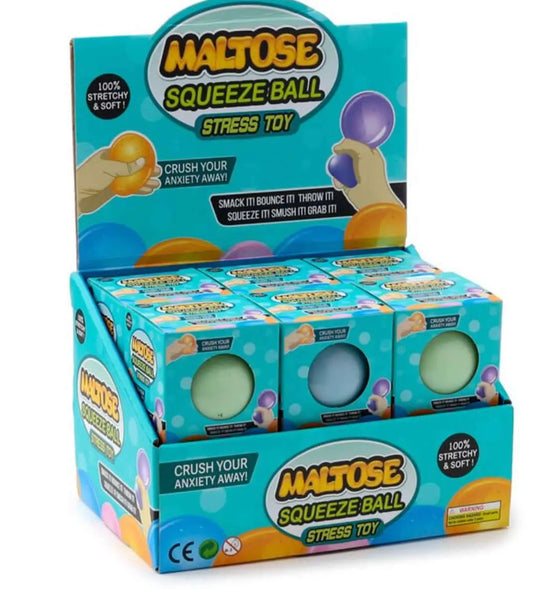 Maltose Glow Stress Ball display box featuring glow in the dark stress balls in assorted colors. Ideal for stress relief and sensory play.