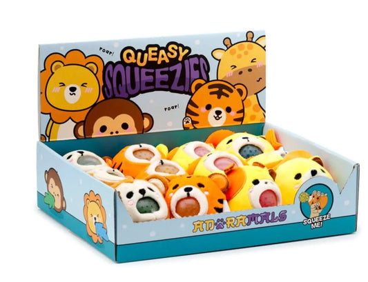 Queasy Squeezies Adoramals Lion, Giraffe, Monkey, Tiger Plush Squeezy Toy Bitu Gift Shop