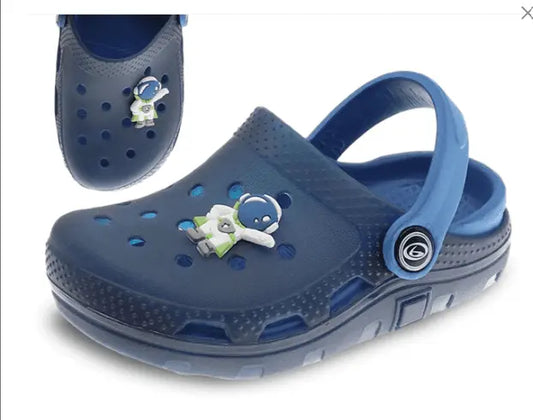 Astronaut Baby Clogs in navy blue with decorative rubber astronaut charm and adjustable heel strap. Ideal for toddler comfort and space-themed style.