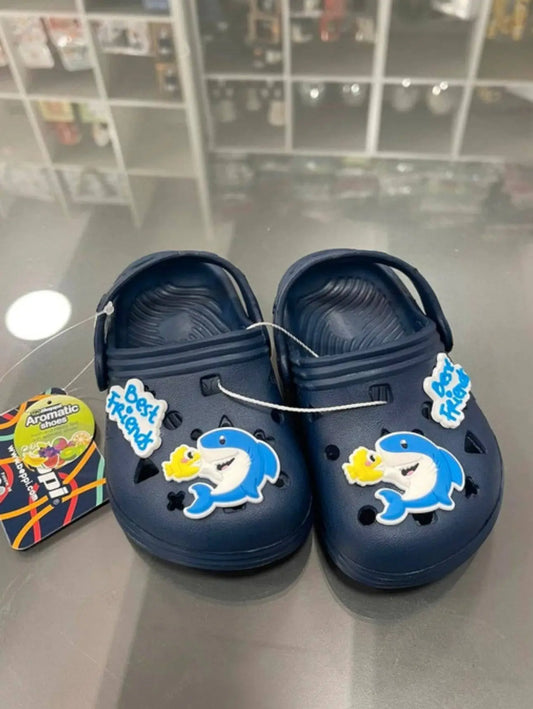 Navy blue baby clogs with heel strap and dolphin 'Best Friend' design. Aromatic and supportive, ideal toddler sandals in sizes 20-25.