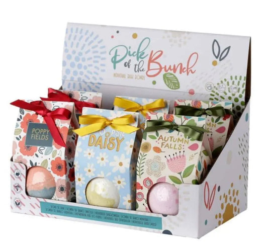 Gift Box Bath Bombs set of 6 with floral packaging and colorful ribbons, ideal for relaxation and personal care gifting.