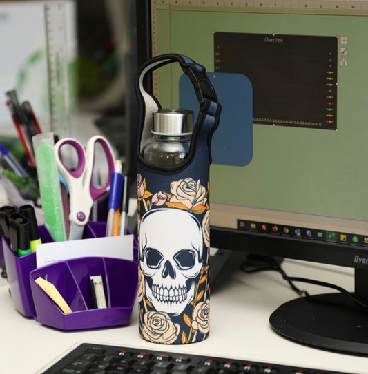 Botella de Agua de Cristal con Funda deNeopreno y Asa - Calavera y Rosas - 500ml Bitu Gift Shop