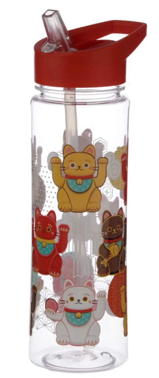 Botella de Agua con Pajita y Asa - Gato de laSuerte Maneki Neko - 550ml Bitu Gift Shop