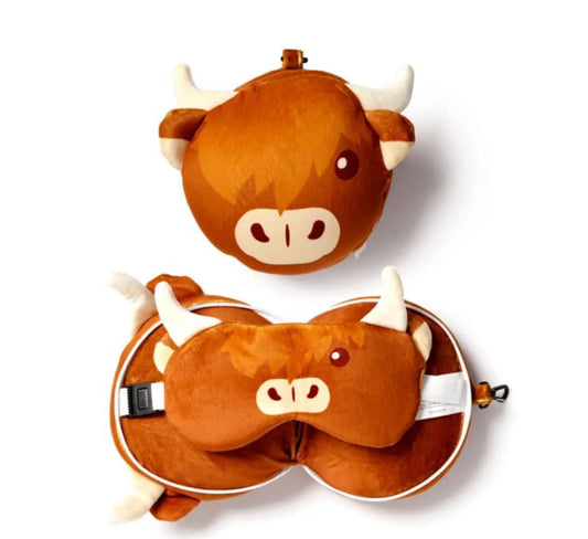 Almohada de Viaje con Antifaz Relaxeazzz Vaca Escocesa de las Highlands Coo Bitu Gift Shop