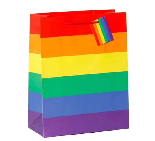 Somewhere Rainbow Gift Bag - Large Bag with vibrant rainbow stripes and matching tag. Ideal for colorful gift wrapping at parties or celebrations.