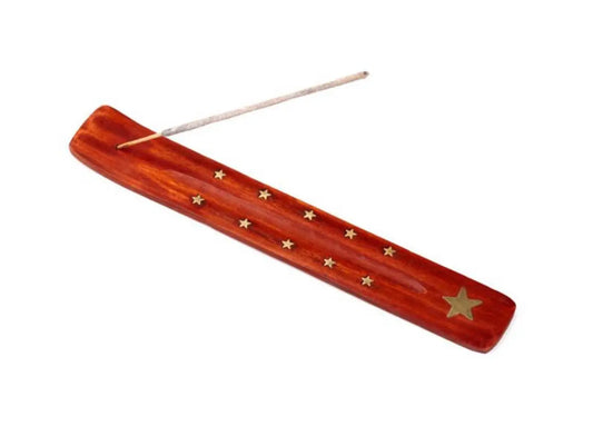 Mango Wood Incense Burner - Bronze Star with brass star inlays, ideal for holding incense sticks in home fragrance setups.