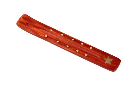 Mango Wood Incense Burner - Bronze Star features a sleek wooden design with embedded bronze stars, ideal for stylish incense burning at home.